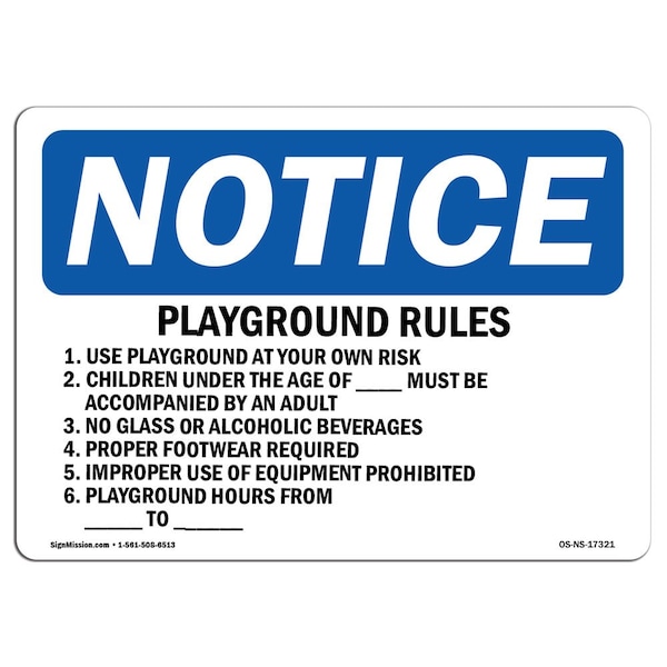 Safety Sign, OSHA Notice, 12" Height, Playground Rules 1. Use Playground At Your Sign, Landscape